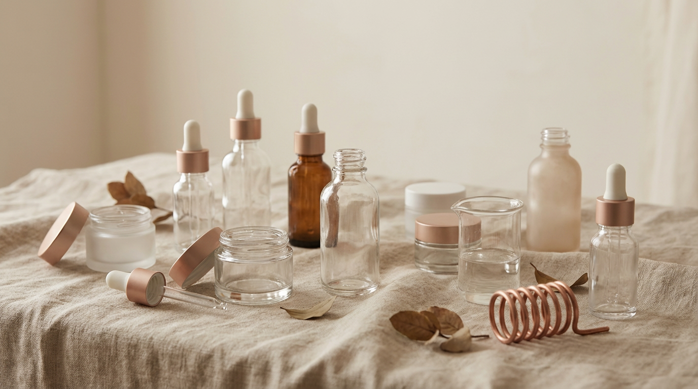 Minimal single product on clean surface versus cluttered collection of bottles