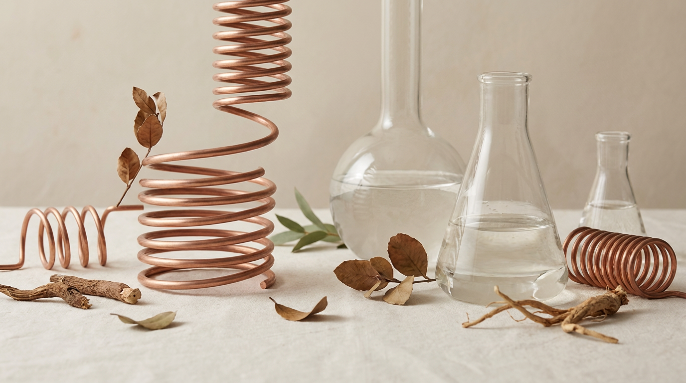 Copper coils and glass laboratory flasks on linen — copper peptide research