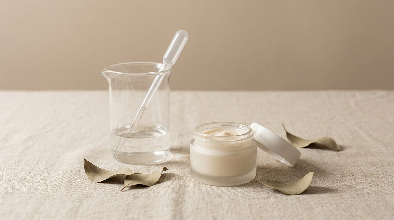 Close-up of a skincare product ingredient label with annotations highlighting the 1% line